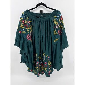 Umgee, Off Shoulder Floral Boho Top, Green, Flare Sleeve, Embroidered, Women's S
